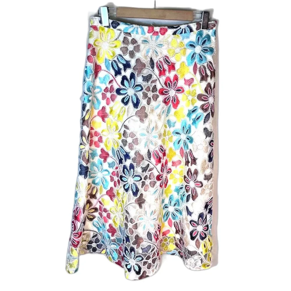 Eva Franco Anthropologie Women's Colorful Floral Embroidered Midi Skirt Size 10